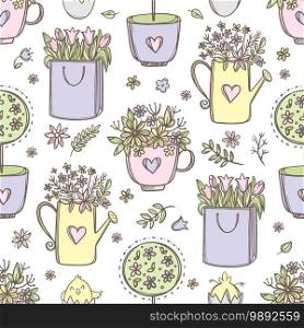 EASTER FLOWERS Holiday Seamless Pattern Vector Illustration