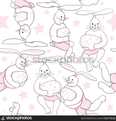 easter flying rabbit pattern with pink stars and eggs for kids isolated on white