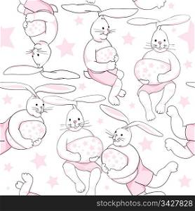 easter flying rabbit pattern with pink stars and eggs for kids isolated on white