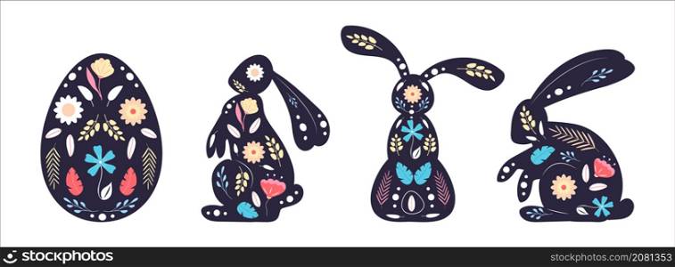Easter folk rabbits vector set. Organic hand drawn flowers, leaves. Painted Easter bunny, egg collection.. Easter folk rabbits vector set. Organic hand drawn flowers, leaves.