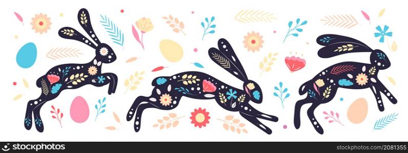 Easter folk rabbits vector set. Organic hand drawn flowers, leaves. Painted Easter bunny, egg collection.. Easter folk rabbits vector set. Organic hand drawn flowers, leaves.