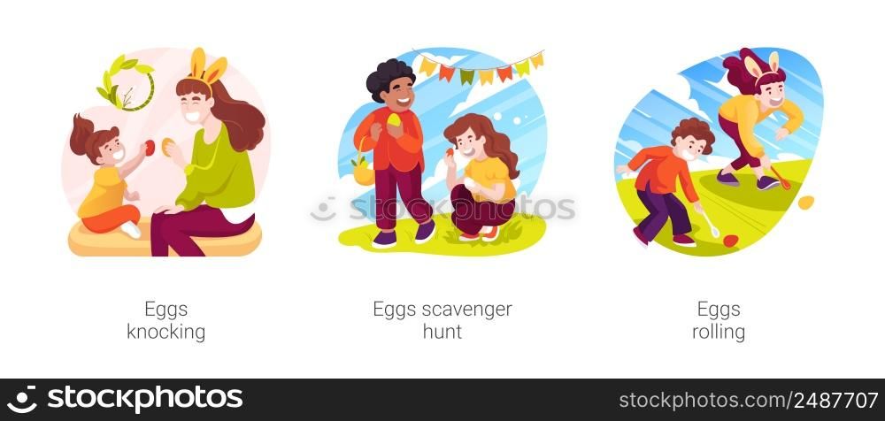 Easter games isolated cartoon vector illustration set. Eggs knocking tradition, Easter scavenger hunt for children, happy kids playing Easter eggs rolling game, festive activity vector cartoon.. Easter games isolated cartoon vector illustration set