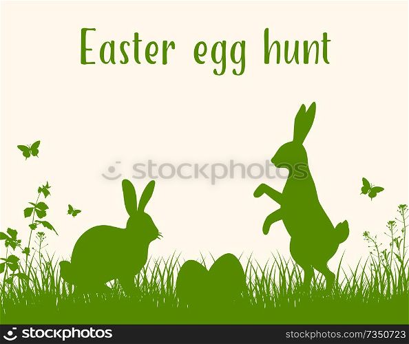 Easter green background with silhouettes of two rabbits, grass and eggs. Easter egg hunt. Vector illustration