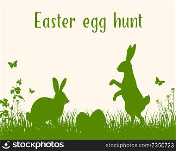 Easter green background with silhouettes of two rabbits, grass and eggs. Easter egg hunt. Vector illustration