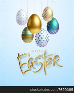 Easter greeting background with realistic golden, blue, white Easter eggs. Vector illustration EPS10. Easter greeting background with realistic golden, blue, white Easter eggs. Vector illustration