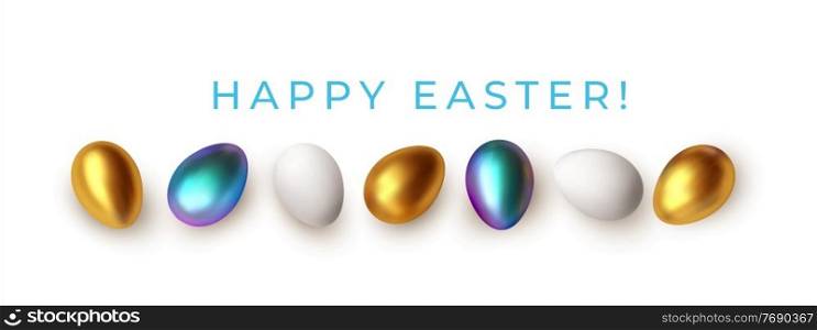 Easter greeting background with realistic golden, blue, white Easter eggs. Vector illustration EPS10. Easter greeting background with realistic golden, blue, white Easter eggs. Vector illustration