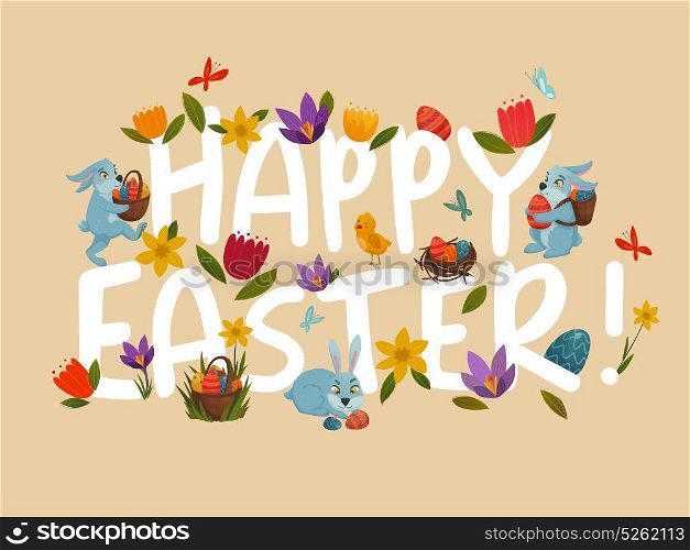 Easter Greeting Bright Floral White Lettering . Happy easter white lettering with bright colorful floral lettering on natural sand beige background abstract vector illustration