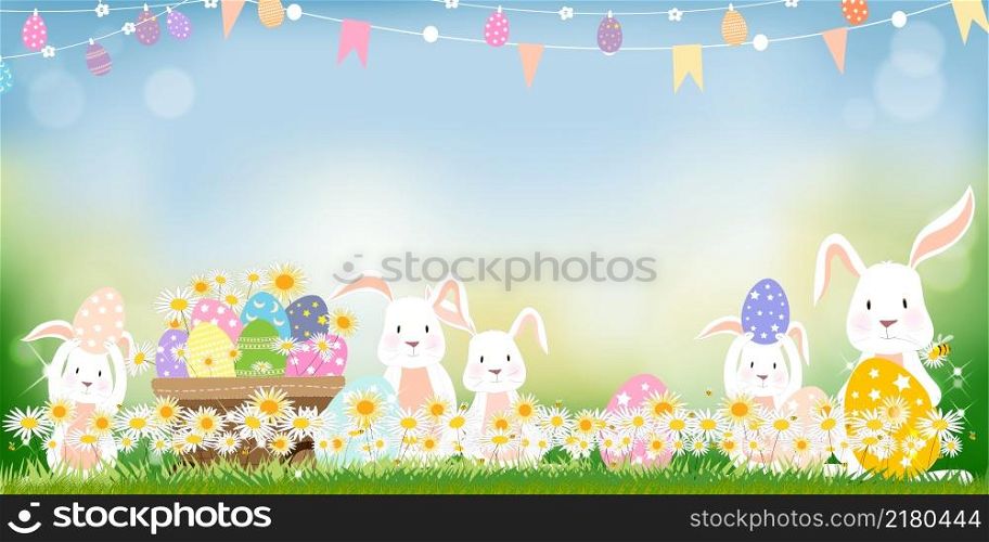 Easter greeting card,Cute Bunny hunting Easter Eggs on grass field on sunny day Spring,Vector Cute cartoon rabbits and hunny bees flying in grass field with blurry bokeh light effect background