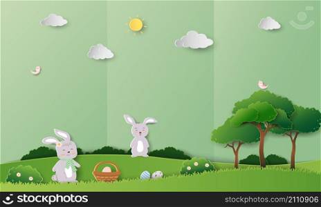 Easter greeting card on paper art background with cute rabbits happy in the garden,vector illustration