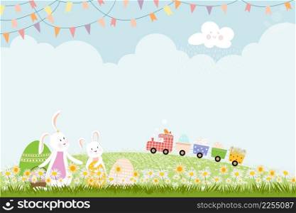 Easter greeting card, Spring background with bunny hunting Easter eggs and train carrying eggs on hills, Vector Cute cartoon rabbits picking flowers and playing on grass field.Banner for Summer time