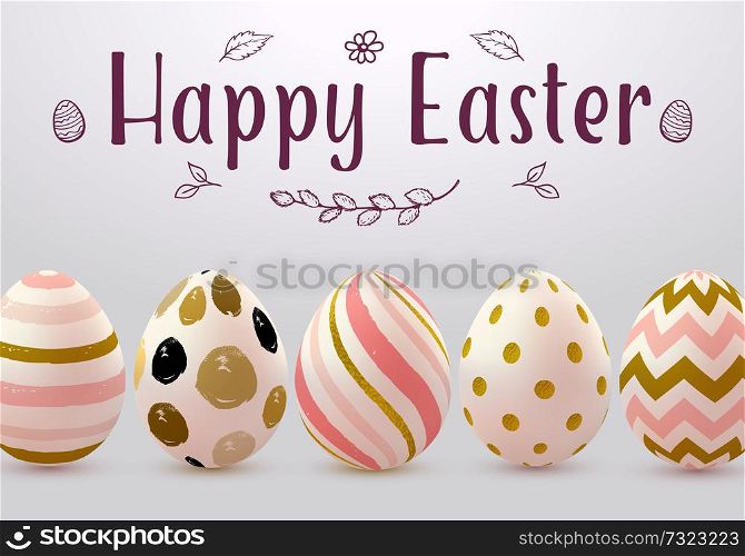 Easter greeting card with abstract hand painting eggs. Vector illustration. Happy Easter lettering