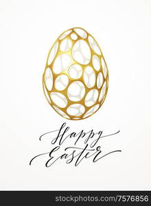 Easter greeting card with an image of an Easter egg in a golden organic realistic 3d grid pattern. Jewelry decoration. Luxury ornament. Vector illustration EPS10. Easter greeting card with an image of an Easter egg in a golden organic realistic 3d grid pattern. Jewelry decoration. Luxury ornament. Vector illustration