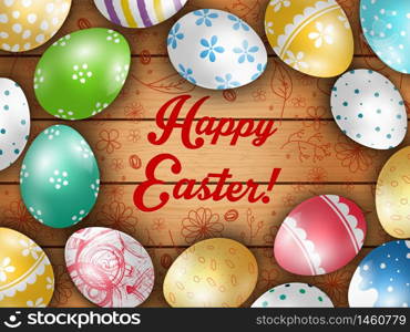 Easter greeting card with color eggs on a wooden background.Vector