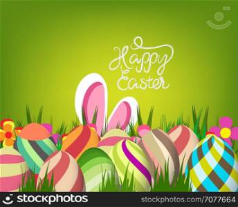 Easter greeting card with colorful eggs on green background