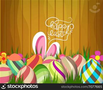 Easter greeting card with colorful eggs on wood background