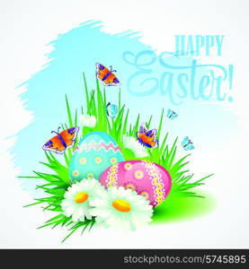 Easter greeting card with daisies and eggs. Vector illustration EPS10