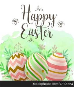 Easter greeting card with decorative eggs on a green watercolor background. Vector illustration. Happy Easter lettering
