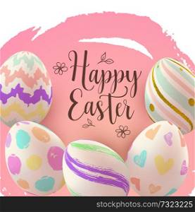 Easter greeting card with hand painting eggs on a pink background. Vector illustration. Happy Easter lettering