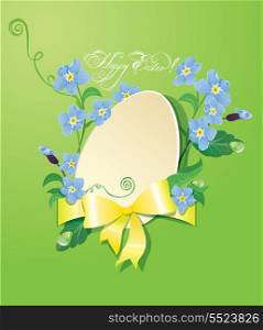 Easter greeting card with paper egg, ribbon and forget me not spring flowers
