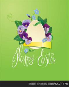 Easter greeting card with paper egg, ribbon, forget me not and pansy spring flowers
