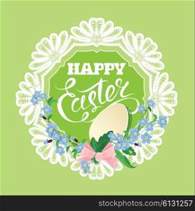 Easter greeting card with paper egg, ribbon, forget-me-not spring flowers and round lace frame on green background, calligraphic text Happy Easter