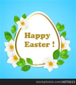Easter greeting card with white flowers and green leaves on a blue background