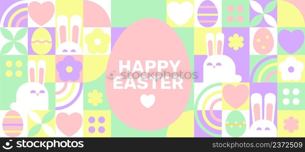 Easter greeting horizontal geometric banner in pastel colors with simple geometry symbols of holiday-eggs, bunnies and flowers with wishing text.Posters,flyers design for covers, web, greetings.Vector. Easter greeting pastel horizontal geometric banner