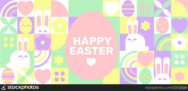 Easter greeting horizontal geometric banner in pastel colors with simple geometry symbols of holiday-eggs, bunnies and flowers with wishing text.Posters,flyers design for covers, web, greetings.Vector. Easter greeting pastel horizontal geometric banner