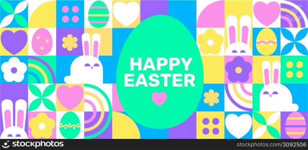 Easter greeting horizontal geometric banner with simple geometry symbols of holiday - eggs, bunnies and flowers with wishing text.Posters,flyers design for covers, web, greetings.Vector illustration.. Easter greeting horizontal geometric banner.