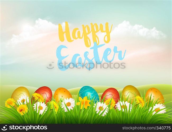Easter Holiday Background. Colofrul eggs in green grass and colorful flowers. Vector.