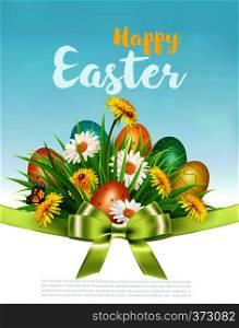 Easter Holiday Background with colofrul eggs in green grass and spring flowers. Vector.