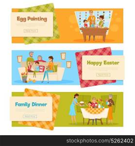 Easter Holiday Banners Set. Horizontal set of easter banners with family characters holiday activities with text and read more button vector illustration