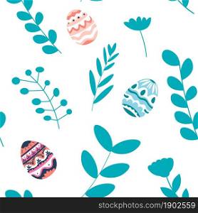 Easter holiday celebration and preparation, floral branches with lush leaves and eggs decorated with ornaments and lines. Seasonal event for christians. Seamless pattern, vector in flat style. Floral branches and colored egg for easter holiday