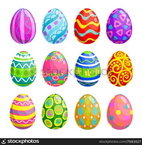 Easter holiday egg vector icons. Spring religion holiday or egghunting decoration isolated objects with painted pattern and ornament of colorful stripes, circles and stars. Easter religion holiday egg icons of egghunting