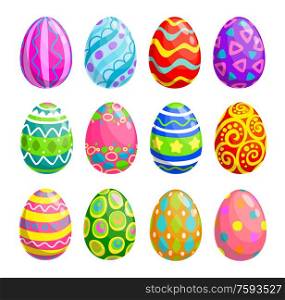 Easter holiday egg vector icons. Spring religion holiday or egghunting decoration isolated objects with painted pattern and ornament of colorful stripes, circles and stars. Easter religion holiday egg icons of egghunting