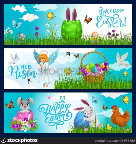 Easter holiday hunting eggs, bunny and flowers in wicker basket vector banners. Happy Easter greeting with hen chick, angle, dove and butterflies, bunny ears in cracked eggshell in green grass. Happy Easter holiday bunnies, eggs and doves