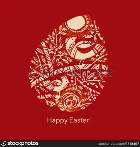 Easter holiday symbols - red egg, bird, blossom tree for card, header, invitation, poster, social media, post publication. Traditional folk style spring composition.