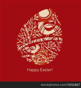 Easter holiday symbols - red egg, bird, blossom tree for card, header, invitation, poster, social media, post publication. Traditional folk style spring composition.