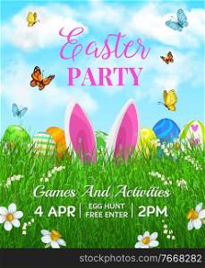 Easter holiday vector flyer with cute cartoon rabbit ears in green grass blades with decorated eggs, flowers and butterflies. Happy Easter spring games and activities free event celebration invitation. Easter holiday vector flyer cartoon rabbit ears