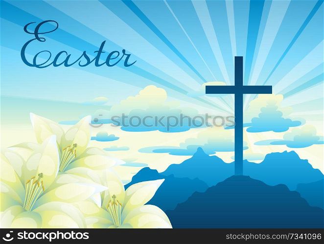 Easter illustration. Greeting card with cross and lilies. Religious symbol of faith.. Easter illustration. Greeting card with cross and lilies.