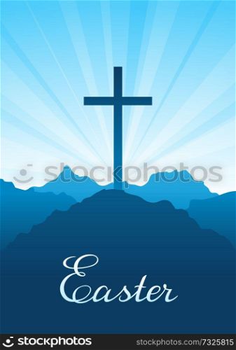 Easter illustration. Greeting card with cross and sky. Religious symbol of faith.. Easter illustration. Greeting card with cross and sky.