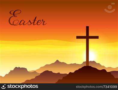 Easter illustration. Greeting card with cross and sky. Religious symbol of faith.. Easter illustration. Greeting card with cross and sky.