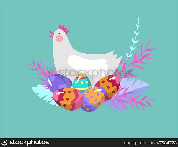 Easter Illustration with painted eggs and chicken. Set of cute Easter cartoon characters people. Vector Spring holiday celebration design. Easter Illustration with painted eggs and chicken. Set of cute Easter cartoon characters people. Vector Spring holiday celebration
