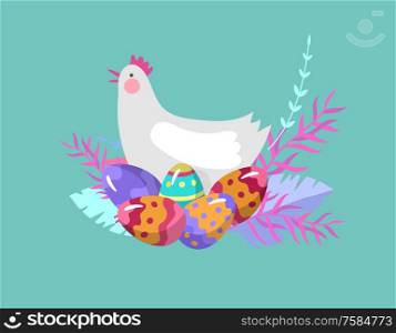 Easter Illustration with painted eggs and chicken. Set of cute Easter cartoon characters people. Vector Spring holiday celebration design. Easter Illustration with painted eggs and chicken. Set of cute Easter cartoon characters people. Vector Spring holiday celebration