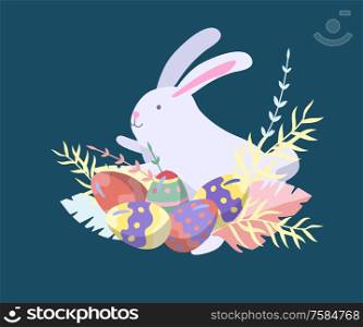 Easter Illustration with painted eggs and rabbit. Set of cute Easter cartoon character. Vector Spring holiday celebration design. Easter Illustration with painted eggs and rabbit. Set of cute Easter cartoon character. Vector Spring holiday celebration