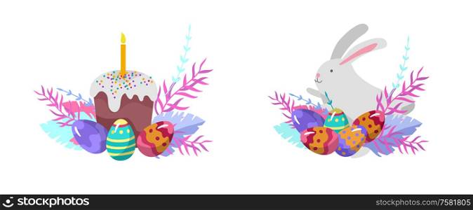 Easter Illustration with painted eggs, cake and rabbit. Set of cute Easter cartoon characters. Vector Spring holiday celebration design. Easter Illustration with painted eggs and chicken. Set of cute Easter cartoon characters people. Vector Spring holiday celebration