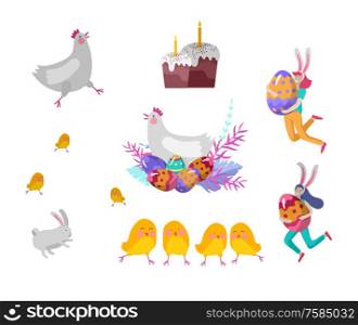 Easter Illustration with painted eggs, cake, chicken and and rabbit. Girls with bunny ears hold painted eggs. Set of cute Easter cartoon characters people. Vector Spring holiday celebration design. Easter Illustration with painted eggs, cake, chicken and and rabbit. Girls with bunny ears hold painted eggs. Set of cute Easter cartoon characters people. Vector Spring holiday celebration