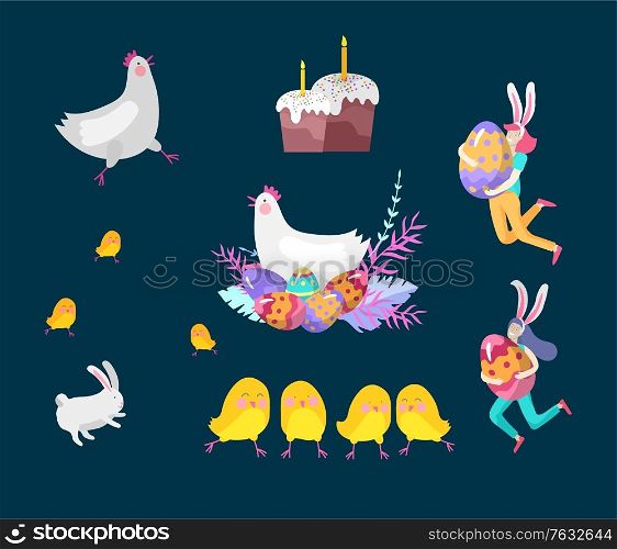 Easter Illustration with painted eggs, cake, chicken and and rabbit. Girls with bunny ears hold painted eggs. Set of cute Easter cartoon characters people. Vector Spring holiday celebration design. Easter Illustration with painted eggs, cake, chicken and and rabbit. Girls with bunny ears hold painted eggs. Set of cute Easter cartoon characters people. Vector Spring holiday celebration