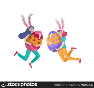 Easter Illustration with people. Girls with bunny ears jumping as rabbit and hold painted eggs. Set of cute Easter cartoon characters. Vector Spring holiday celebration design. Easter Illustration with people. Girls with bunny ears jumping as rabbit and hold painted eggs. Set of cute Easter cartoon characters. Vector Spring holiday celebration