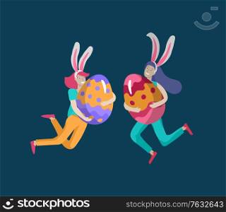 Easter Illustration with people. Girls with bunny ears jumping as rabbit and hold painted eggs. Set of cute Easter cartoon characters. Vector Spring holiday celebration design. Easter Illustration with people. Girls with bunny ears jumping as rabbit and hold painted eggs. Set of cute Easter cartoon characters. Vector Spring holiday celebration